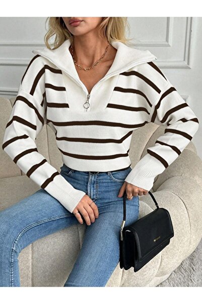 ribana Pulover de damă ECRU cu guler cu fermoar în dungi S 24120919