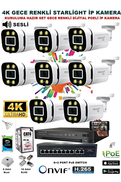 PROLİFE 8 Kameralı Sesli 4k 1440p Full Hd Poeli Ip Kamera Gece Renkli Ultra H...