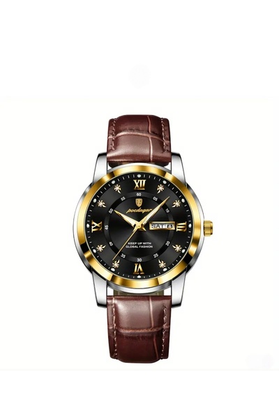 POEDAGAR Erkek Casual Su Geçirmez Lüminous Çift Takvim Kuvars Saat Poedagar
