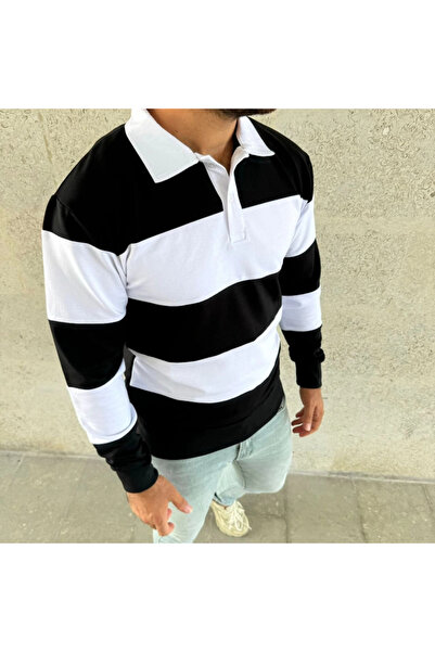 MODA Men's Polo Neck Long Sleeve Striped Sweatshirt Trend Rugby Style - Black