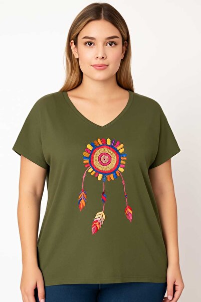 Şans Жіночий великий розмір хакі вишивка деталі V комір низький рукав блуза 65n29513