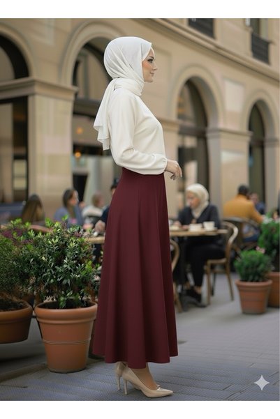 Marina Trend Burgundy High Waist Flared Long Skirt Women's A-Line Basic Trendy Skirt Stylish Comfortable Daily Outfits