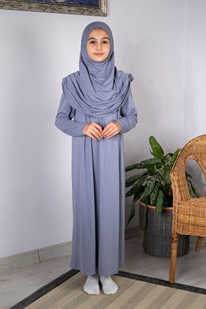 ihvan online One-Piece Children's Prayer Dress with Practical Headscarf, Ages 8-12 - Gray