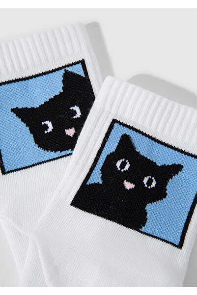 Mavi Kedi İşlemeli Beyaz Soket Çorap 1912724-70053