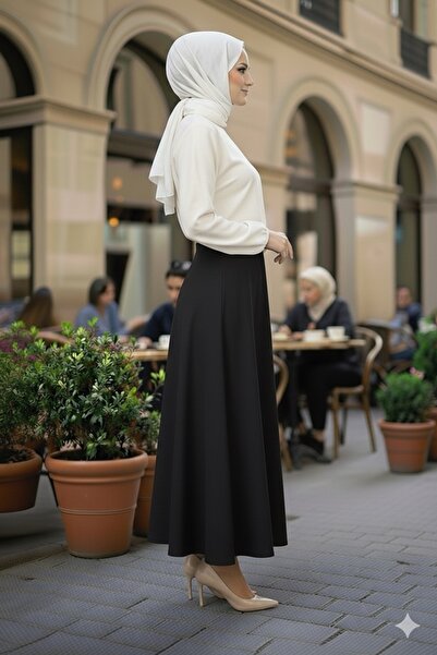 Marina Trend Siyah Yüksek Bel Kloş Uzun Etek Kadın A Kesim Basic Trend Etek Şık Rahat Günlük Kombinler