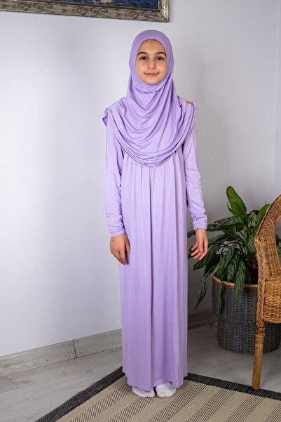ihvan online Practical One-Piece Children's Prayer Dress with Headscarf 8-12 Years Old - Lilac
