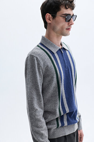 Mudo Color Blocked Zip-Up Polo Neck Wool Sweater