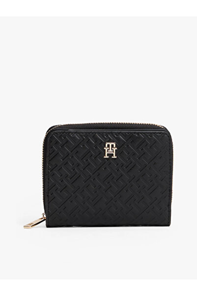 Tommy Hilfiger Th Icon Medium Zippered Monogram Cover Women's Black Wallet Aw0Aw17743Bds