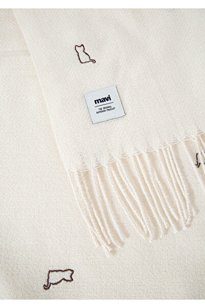 Mavi Kedi Nakışlı Bej Atkı 1911730-34523