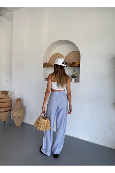 COMBİNE MİCHAİL Γυναικείο Παντελόνι Μπλε Μπλε Λινό Καλοκαιρινό Άνετο