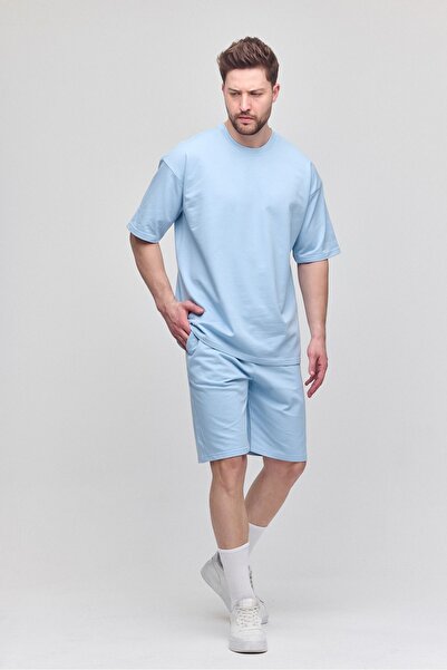 COMBİNE MİCHAİL Мъжки комплект от 2 части, свободна кройка, ежедневен, с мотив, надпис, без повдигане, ледено син