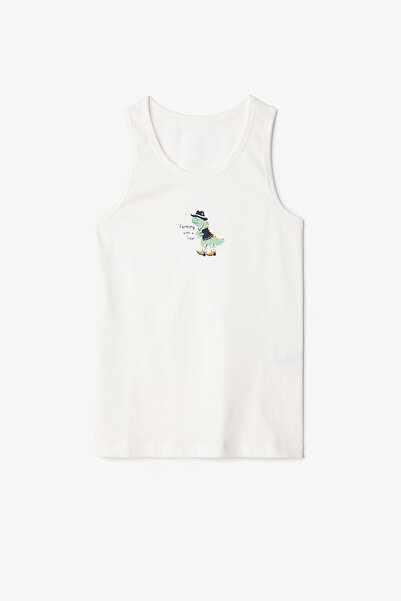 Penti White Boy's Dino Farm Dinosaur Printed Cotton 2-Piece Undershirt