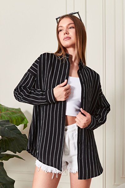 COMBİNE MİCHAİL Чорна смугаста сорочка оверсайз, підходить для будь-якої пори року