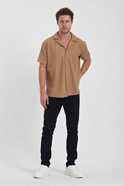 COMBİNE MİCHAİL CARAMEL Men's Cotton Flexible Cuban Collar Short Sleeve Shirt