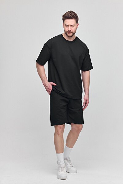 COMBİNE MİCHAİL Ανδρικό σετ 2 τεμαχίων Relaxed Fit Comfortable Fit Lettering Μαύρο Σετ αθλητικών φόρμων χωρίς ασπρόμαυρες