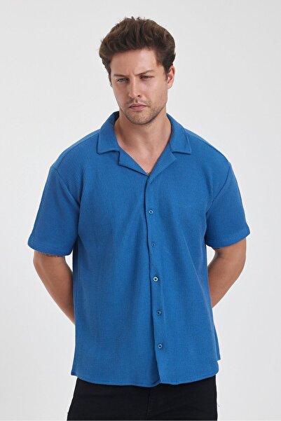 COMBİNE MİCHAİL Flexible Cotton Men's Shirt - Cuban Collar, Short Sleeve, Blue