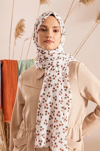 JAWEL Kadın Çiçek Desenli Kırışmaz Bürümcük Şal 190*80 Cm