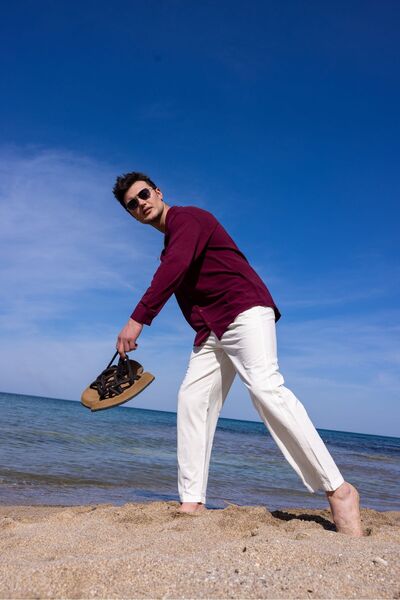 COMBİNE MİCHAİL Мъжка лятна риза с текстурирана кройка в бордо червено и свободен крой