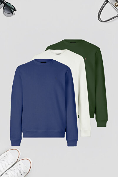 COMBİNE MİCHAİL Мъжка 3-компонентна каки-екру-индиго суитшърт с обло деколте