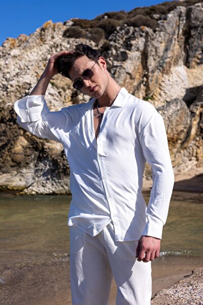 COMBİNE MİCHAİL Men's White Linen Textured Comfortable Fit Summer Shirt