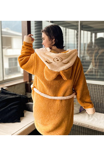 Pandamkee Paptex Hooded Unisex Wellsoft Plush Dressing Gown, Bathrobe Yellow-Cream