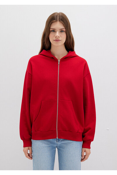 Mavi Fermuarlı Kapüşonlu Kırmızı Basic Sweatshirt 1611775-82054