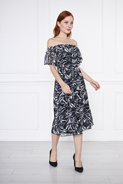 comstar Women's Madonna Collar Midi Length Black Chiffon Dress