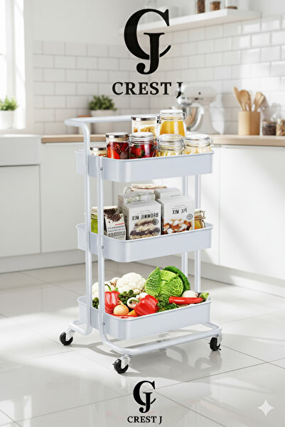 Crestj ارفف تخزين وتنظيم بعجلات لون ابيض