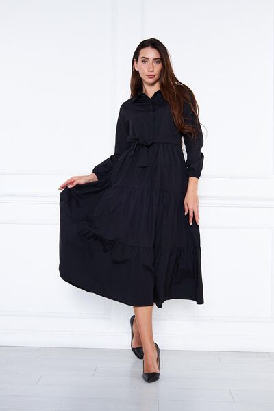 comstar Γυναικείο πουκάμισο με στρώσεις γιακάς Κομψό μαύρο μακρύ φόρεμα