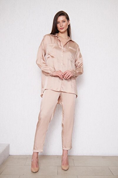 comstar Cămașă oversize de damă, pantaloni cu talie elastică, set bej din două piese