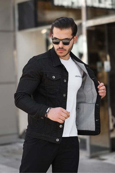 comstar Ανδρικό τζιν τζιν με λαιμόκοψη με λεπτή εφαρμογή, μαύρο τζιν μπουφάν