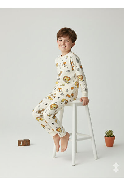 MADALİNA Boy's 100% Cotton Yellow Elephant Car Pattern Pajamas Set