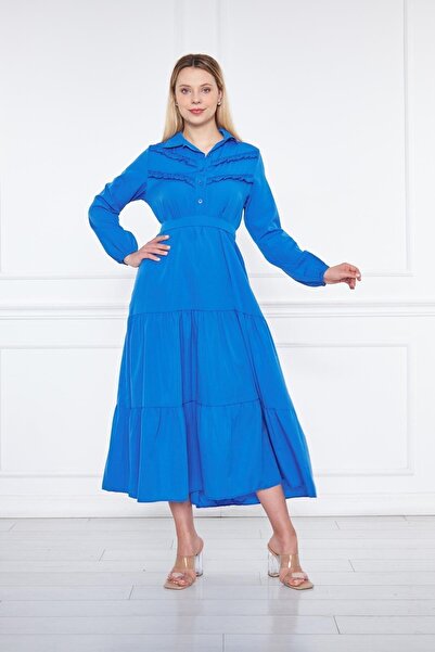 comstar Жіноча багатошарова пишна сукня з деталями, елегантна, синя, довга