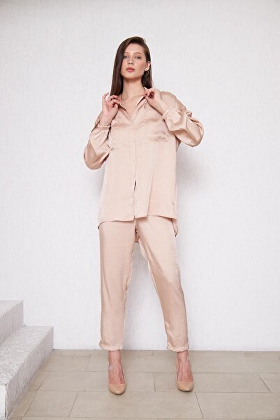 comstar Cămașă oversize de damă, pantaloni cu talie elastică, set bej din două piese