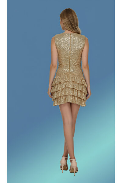 Elif Naz Moda Evi gold payetli kolsuz drapeli fırfırlı detaylı elbise