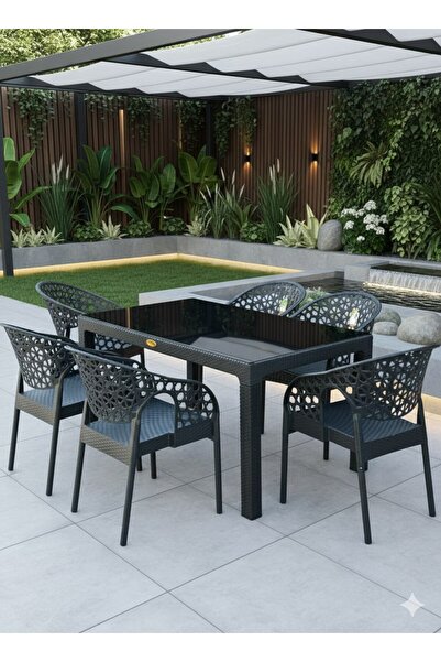 ZİYNET HOME 6 Kişilik Antrasit Rattan Bahçe Balkon Masa Takımı 6 Victor Koltu...
