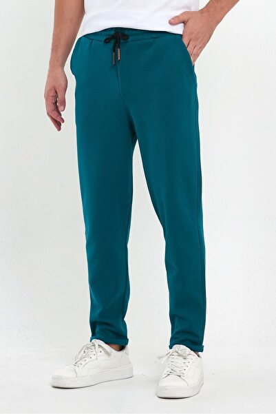 COMBİNE MİCHAİL Men's Jogger Pants - Lakos Pattern, Cotton, Elastic Waist and Drawstring, Petrol Blue
