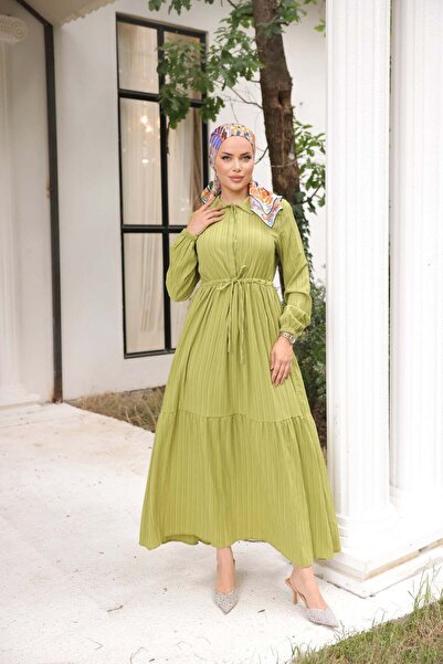 comstar Women's Long Sleeve Gathered Hijab Green Long Dress