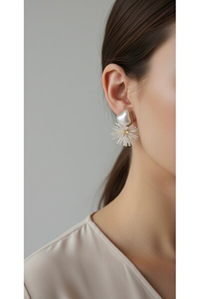 vina's atelier İncili Boncuk Detay Taşlı Şık Çelik Küpe