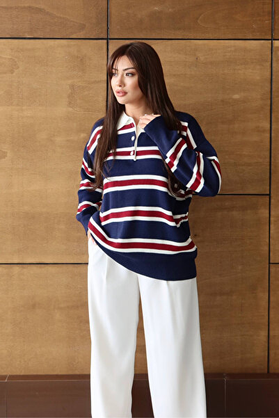 Balenbi Γυναικείο πλεκτό πουλόβερ με λαιμόκοψη oversized ρίγες 1128