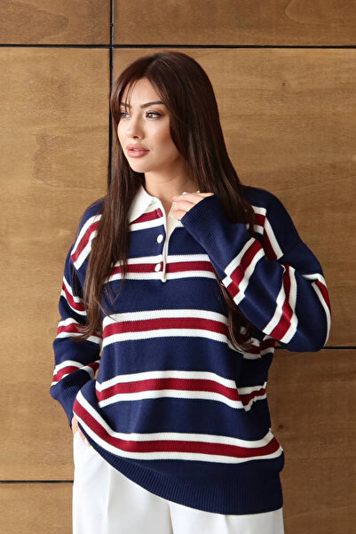 Balenbi Γυναικείο πλεκτό πουλόβερ με λαιμόκοψη oversized ρίγες 1128