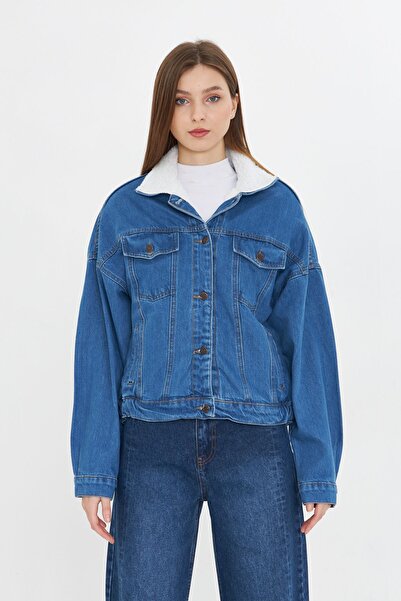 comstar Women's Jean Trend Winter Fur Lined Denim Jacket Blue