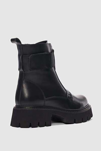 selinshoes Dorelle Genuine Leather Velcro Detailed Double Zipper Women's Boots - Black