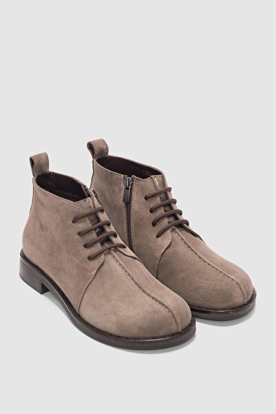 selin shoes Lazen Hakiki Deri Bağcık Detaylı Kısa Kadın Bot- VİZON SÜET