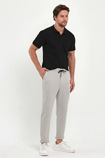 COMBİNE MİCHAİL GREY Men's Jogger Pants - Lakos Pattern, Cotton, Elastic Waist and Drawstring