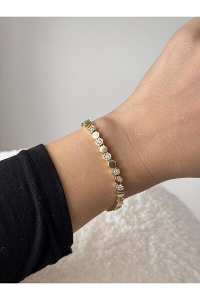 LEROSY CO. سوار فولاذي ذهبي اللون مع تفاصيل حجرية لامعة – للنساء