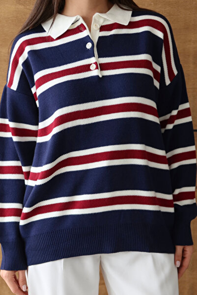 Mogi Butik Women's Polo Neck Oversized Striped Knitwear Sweater 3123