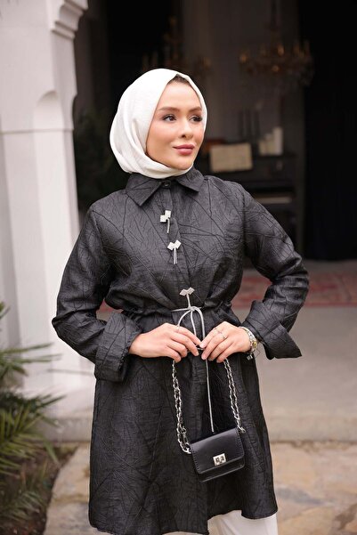 comstar Жіночий жакардовий елегантний чорний піджак з еластичним поясом