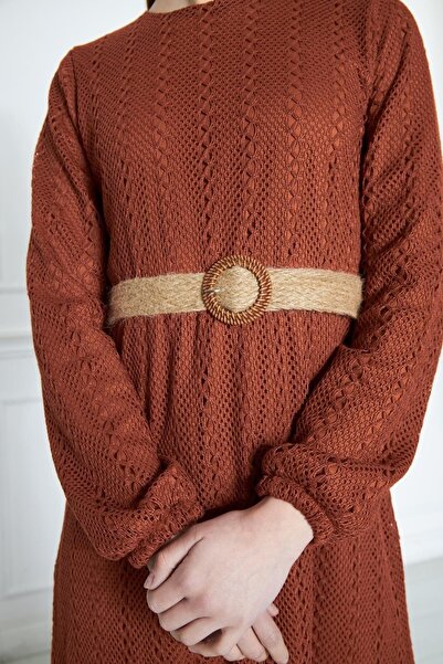 comstar Women's Patterned Basic Sleeve Elastic Brown Long Dress