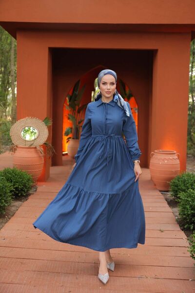 comstar Жіноча довга сукня з довгими рукавами та збірками, темно-синя